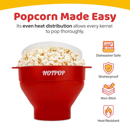 The Orginal HotPop Silicone Popcorn Maker - Microwave Popcorn Popper with Handles - Collapsible Bowl, Heat-Resistant, Easy to Clean, Ideal for Family Movie Nights, 15-Cup Capacity - Red