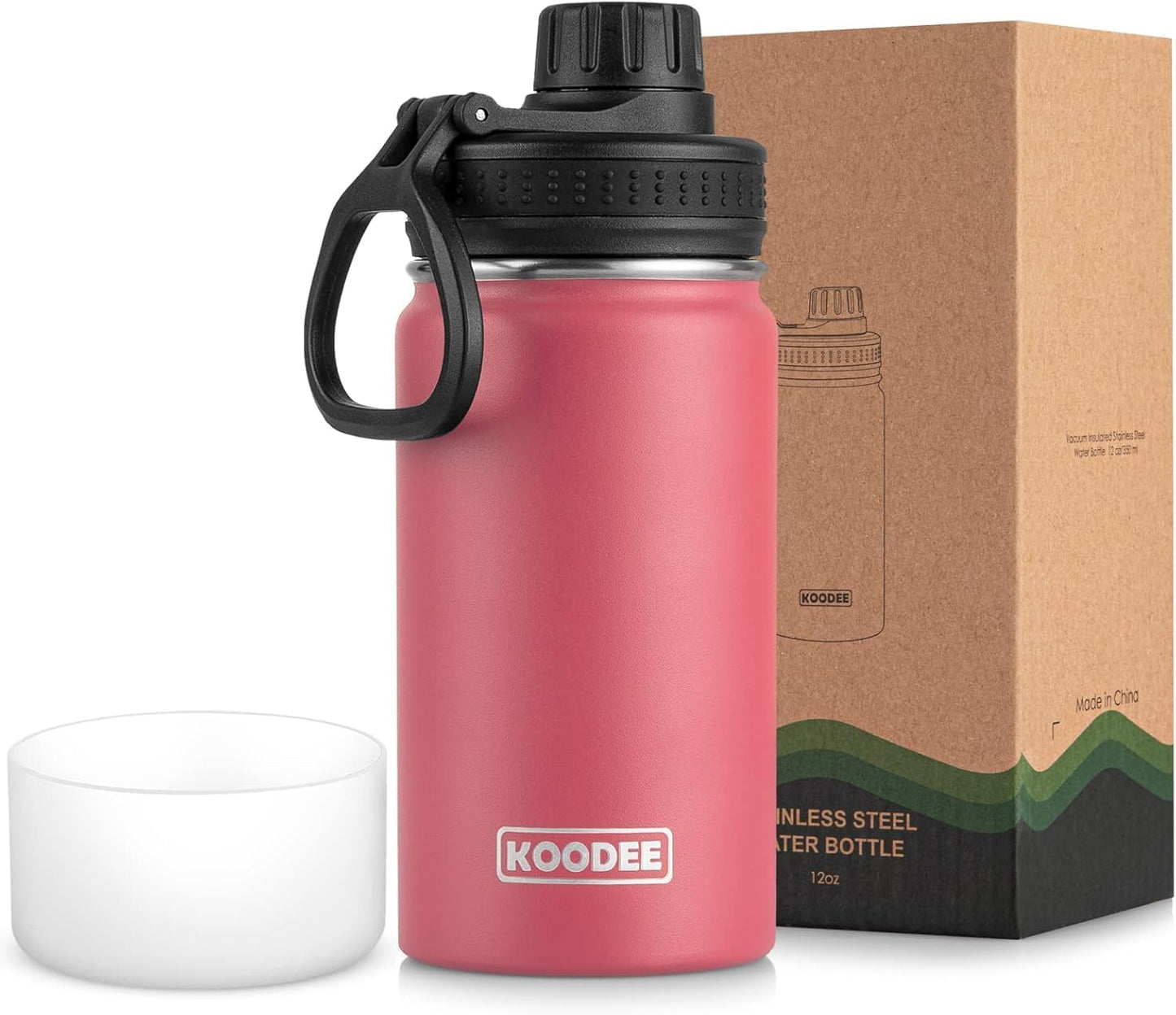 Koodee 12 Oz Stainless Steel Water Bottle - Double Wall Insulated Flask with Leakproof Spout Lid | Flamingo Pink