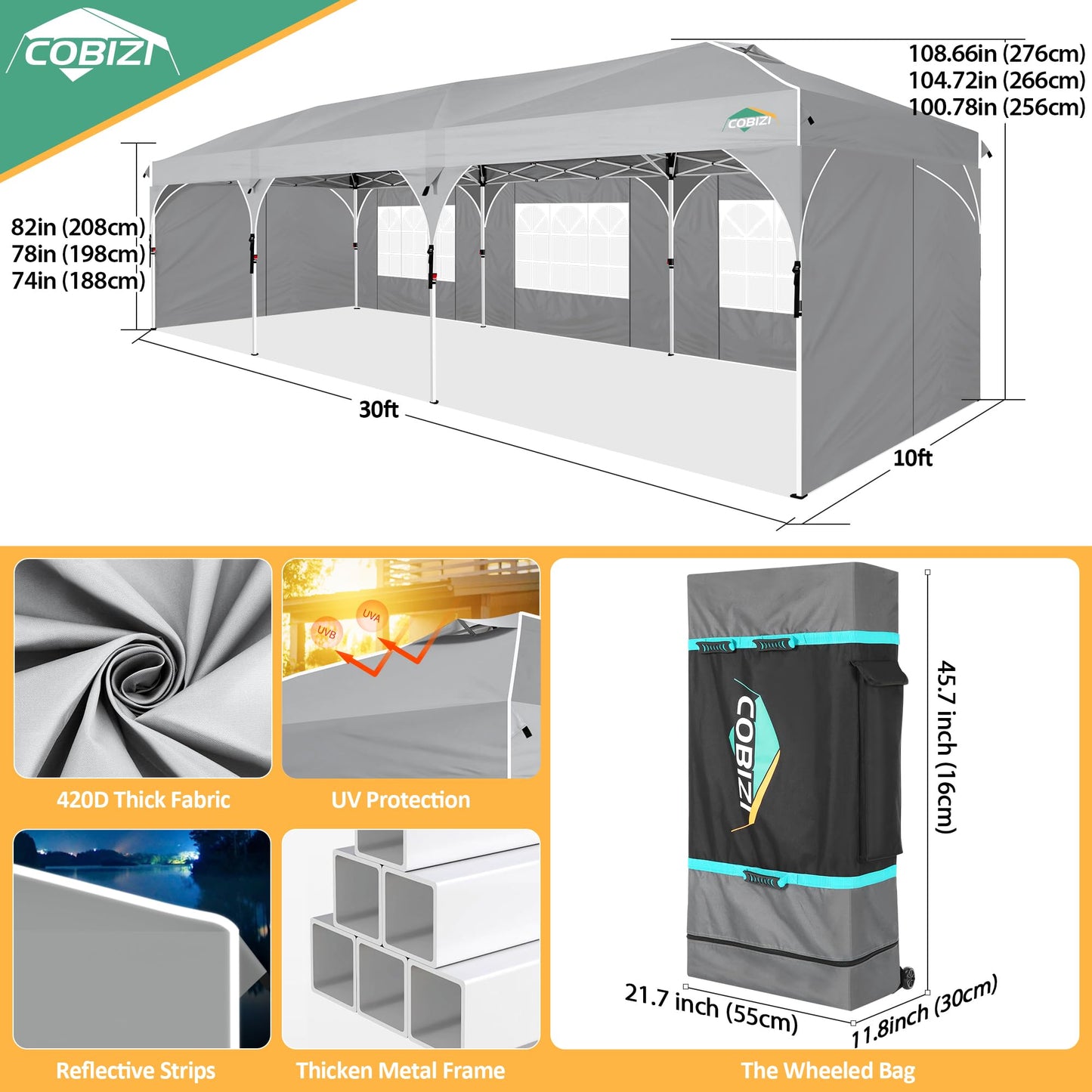 COBIZI 10x30 Party Tent: 10x30 Pop Up Canopy with Wheeled Bag - Tents for Parties with Patented Center-Lock Tech, 420D Waterproof Fabric, Easy Setup Canopy Tent with Removable Sidewalls, (Gray)