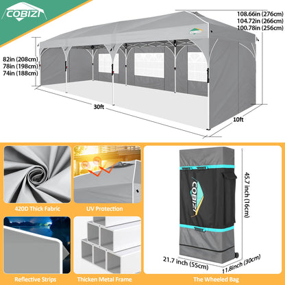 COBIZI 10x30 Party Tent: 10x30 Pop Up Canopy with Wheeled Bag - Tents for Parties with Patented Center-Lock Tech, 420D Waterproof Fabric, Easy Setup Canopy Tent with Removable Sidewalls, (Gray)