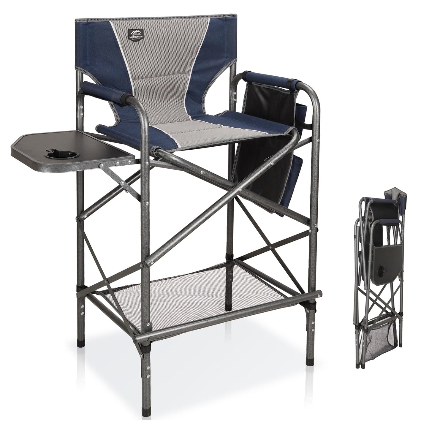 LANMONTAIN Folding Tall Director Chairs,30.7'' Seat High Makeup Solan Chairs,Portable Camping Chair w/Side Table Functional Pocket and Footrest,Comfy Bar Stool Heavy Duty Supports 350 Lbs,Blue