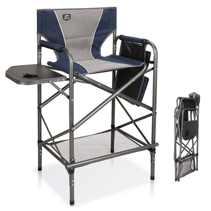 LANMONTAIN Folding Tall Director Chairs,30.7'' Seat High Makeup Solan Chairs,Portable Camping Chair w/Side Table Functional Pocket and Footrest,Comfy Bar Stool Heavy Duty Supports 350 Lbs,Blue