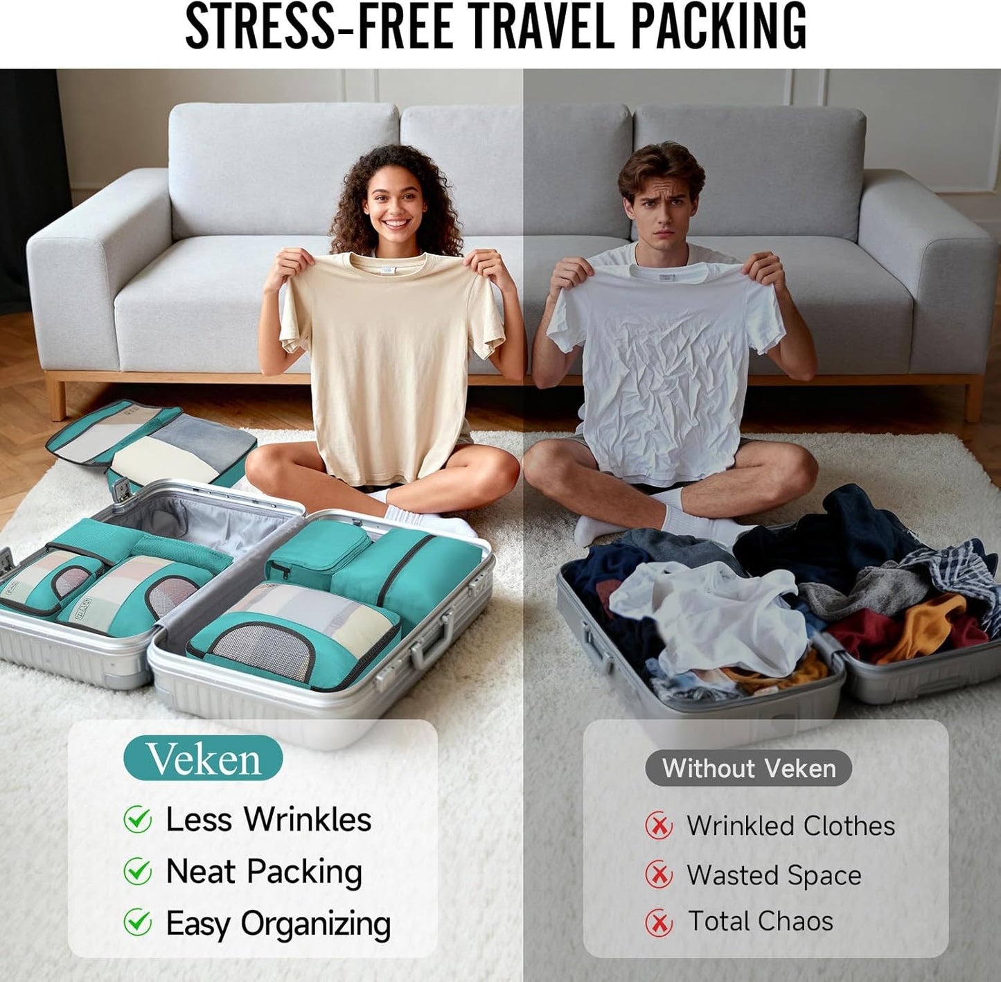 Veken Packing Cubes - Travel Organizer Bags Set with Large Laundry Bag & Passport Holder | 4 Sizes for Suitcase