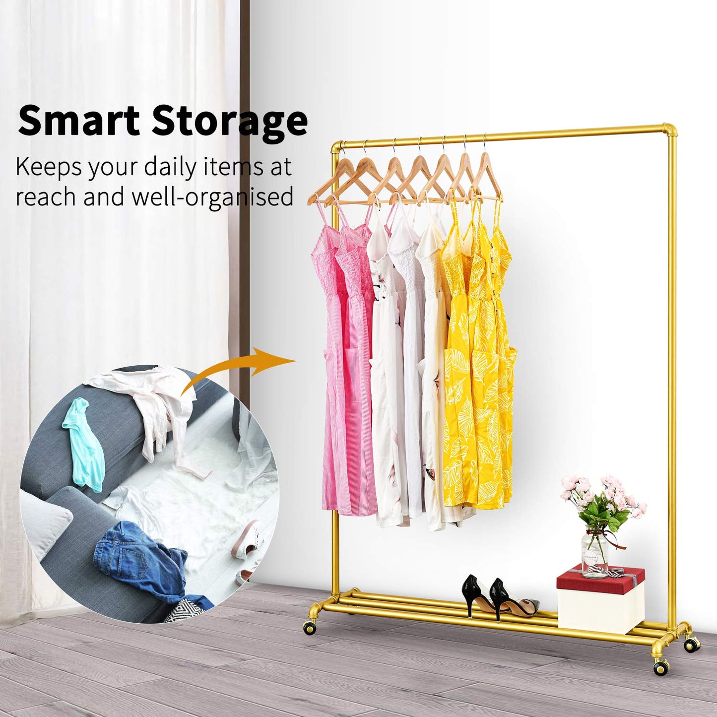 BOSURU Rolling Gold Clothing Racks on Wheels, Retail Display Industrial Pipe Clothing Racks for Hanging Garment Racks for Boutiques, Home