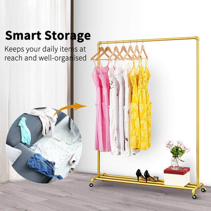 BOSURU Rolling Gold Clothing Racks on Wheels, Retail Display Industrial Pipe Clothing Racks for Hanging Garment Racks for Boutiques, Home