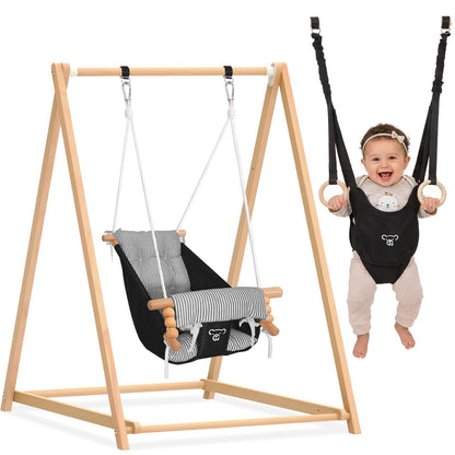 2-in-1 Baby Jumper & Swing, Montessori Wooden Toddler Swing Set with Stand for Indoor/Outdoor, Baby Bouncer Jumper & Hammock Swing with 5-Point Harness, Suitable for Children Ages Up to 3 Yrs