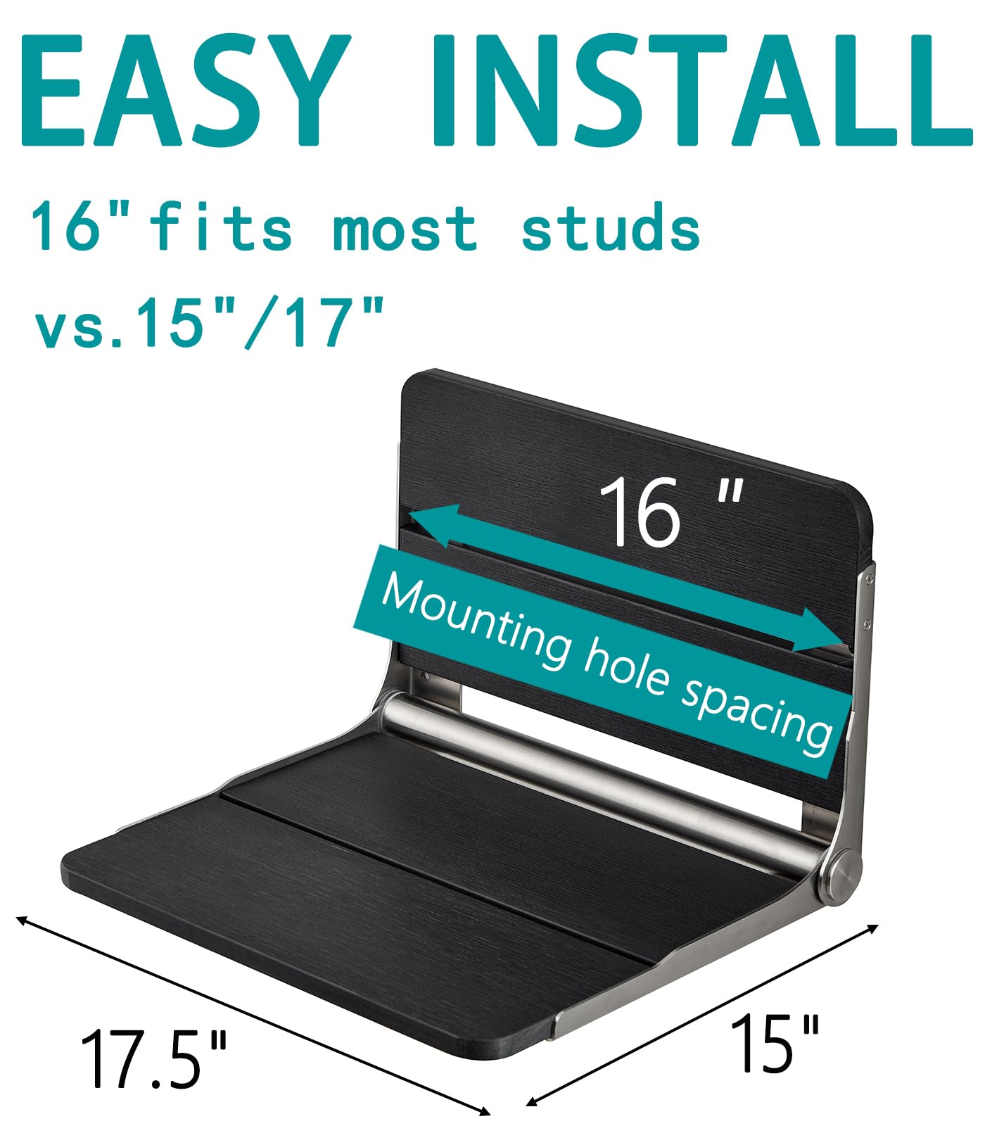 17.5'' Folding Shower Seat Wall Mounted, HDPS Fold Down Shower Bench for Inside Shower, Foldable Shower Stool, Waterproof Wall Mount Bathroom Seating Chair, 400LBS Weight Capacity, Black