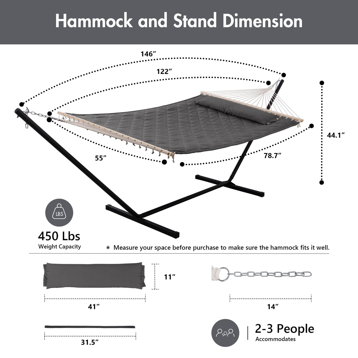 ANOW Double Hammock with 12FT Heavy Duty Steel Stand Included, 2 Person Hammock with Stand for Outdoors, 450 LBS Weight Capacity, Gray