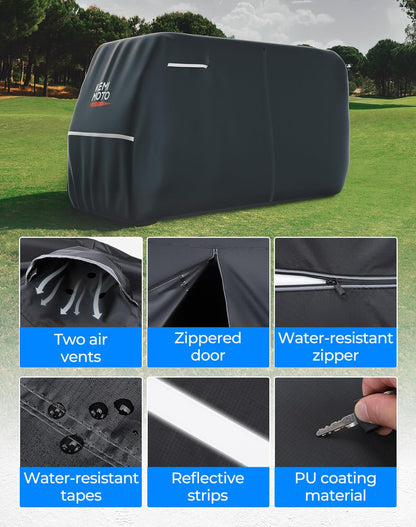 KEMIMOTO 600D Waterproof Golf Cart Cover, Universal Heavy Duty Large 6-Seater Golf Cart Rain Cover with Storage Bag Compatible with EZGO Club Car 6/4+2 Passenger, Black