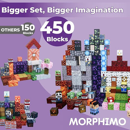 450 PCS Magnetic Building Blocks Set - Big STEM &amp Sensory Toy for Kids - Stacking Magnets - Instruction Book &amp Fabric Storage Bag - Shared Play Toy for Siblings &amp Friends