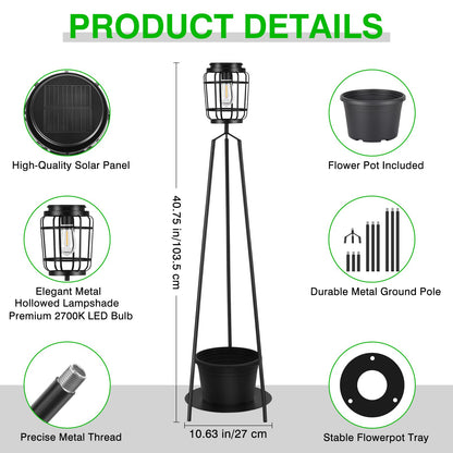 TOWPONICS 2-Pack Solar Lights with Plant Stands, 40.75'' Solar Powered Outdoor Floor Lamp with Planter, IP65 Waterproof Outdoor Lamp for Patio Deck Porch Yard Garden Decor, 8-12 Hours Lighting