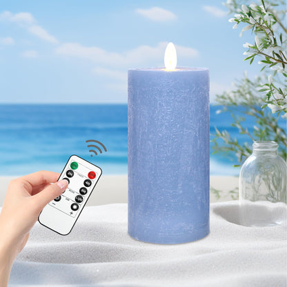 Seaglass Battery Flameless LED Candle, Silver Blue Flickering Pillar Timer, Remote Control, Unscented Real Wax