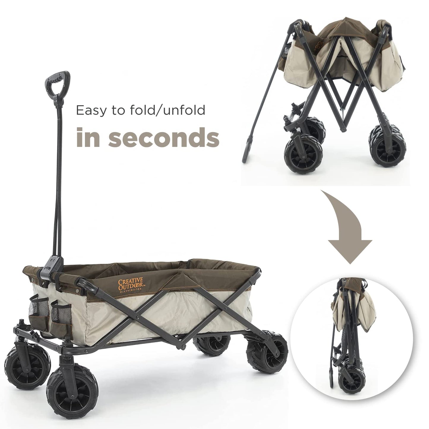 Creative Outdoor Push Pull Collapsible Stroller Folding Cart for Kids and Pets, Suppors upto 150lbs Weight Capacity | Durable Rubber Wheels | All Terrain | Zip-Off Side Pockets & Flap | (Brown/Orange)