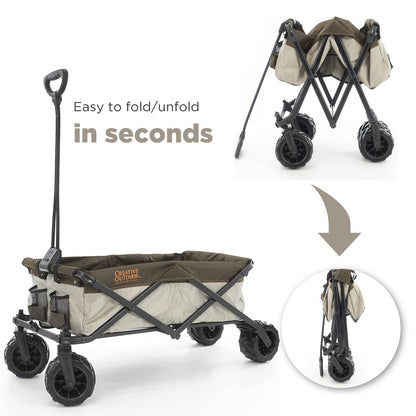 Creative Outdoor Push Pull Collapsible Stroller Folding Cart for Kids and Pets, Suppors upto 150lbs Weight Capacity | Durable Rubber Wheels | All Terrain | Zip-Off Side Pockets & Flap | (Brown/Orange)