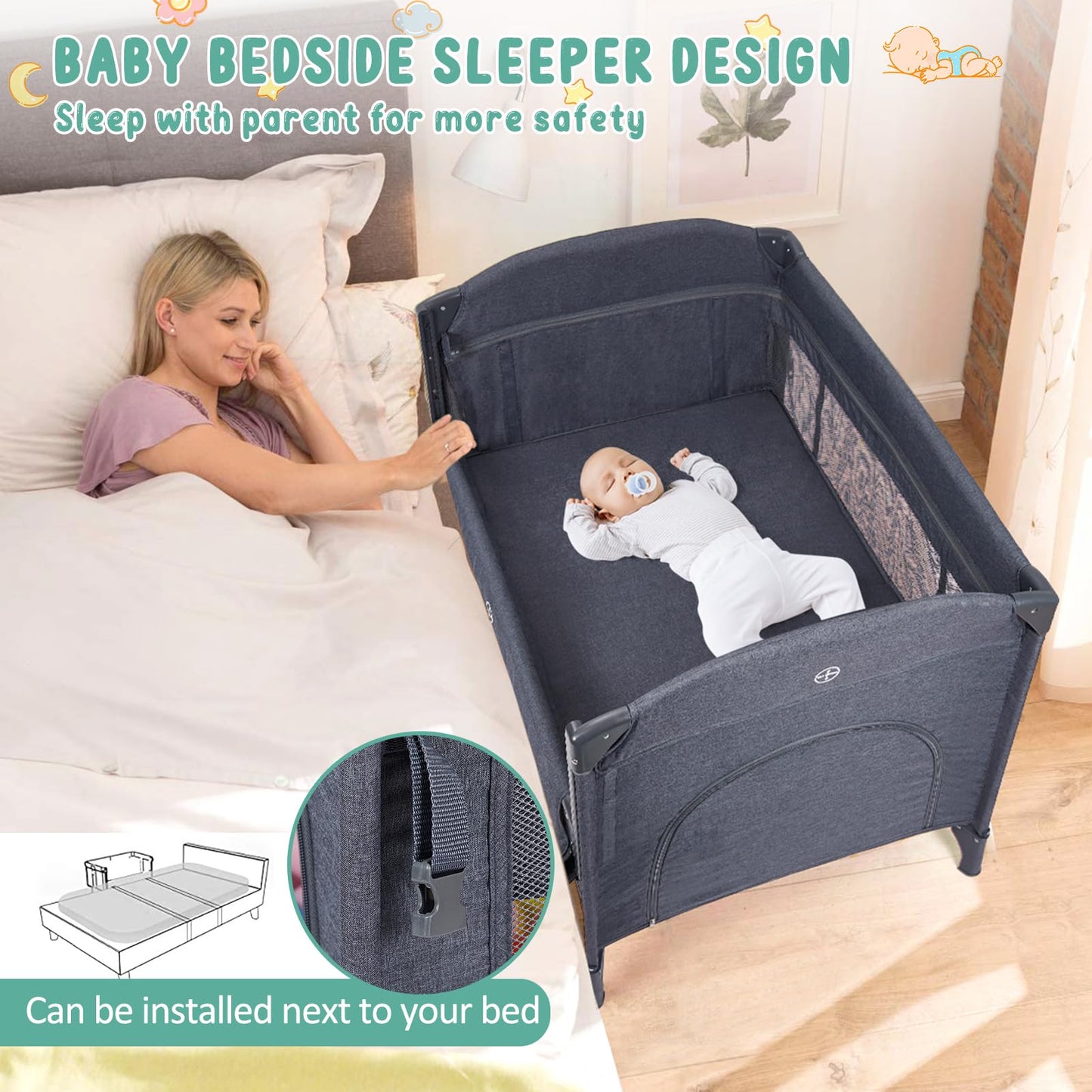 5 in 1 Pack and Play Bedside Sleeper with Bassinet, Diaper Changer & Hanging Toy, Portable Crib Nursery Center for Newborns to Toddlers, Grey