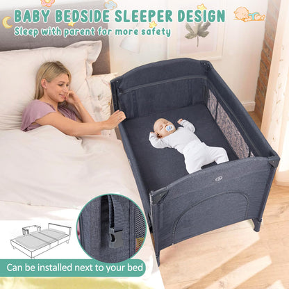 5 in 1 Pack and Play Bedside Sleeper with Bassinet, Diaper Changer & Hanging Toy, Portable Crib Nursery Center for Newborns to Toddlers, Grey