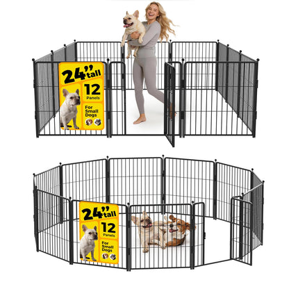 PETREEK Dog Playpen 24 inch 12 Panels for Indoor & Outdoor Use – Heavy-Duty Metal Pet Fence with Ground Stakes, Rounded Ball Tops for Safety, Stable & Foldable Design, Easy to Assemble