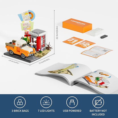 City Sunset-Stopover Lighting-Building-Bricks Set - Road Trip Car Station Modular Collection LED Light Building Set 455 Pcs for Adults Teen and Travelling Enthusiasts