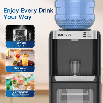 ICEPURE Water Cooler Dispenser with Build-in Ice Maker, Hot and Cold Water Dispenser with Bullet Ice Maker, 33lbs/24H, Child-Lock,Top Loading