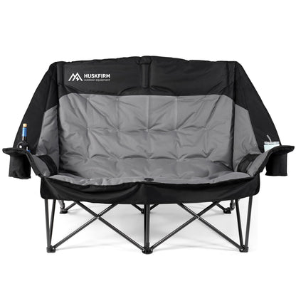 Huskfirm High Back Double Camping Chair 2 Person Camping Chair Low Seat Loveseat Camping Chair Fully Padded Oversized Camping Couch for Adults - Supports 650 LBS with Cup Holders Carry Bag - Black