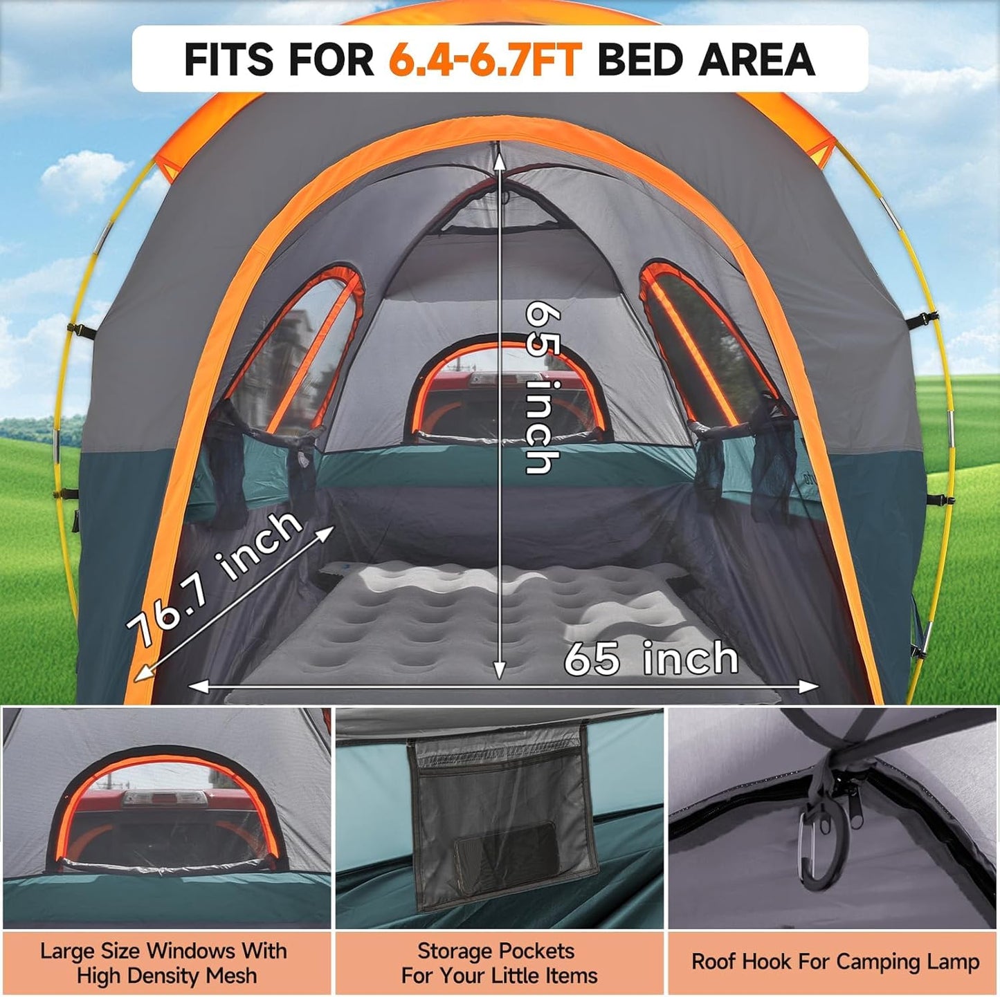 Truck Bed Tent 6.4' ~ 6.7' Easy Set Up Umburato Pickup Truck Tents for Camping, Waterproof PU3000mm Canopy for Truck Camper, Portable, Spacious for 2 Person Green