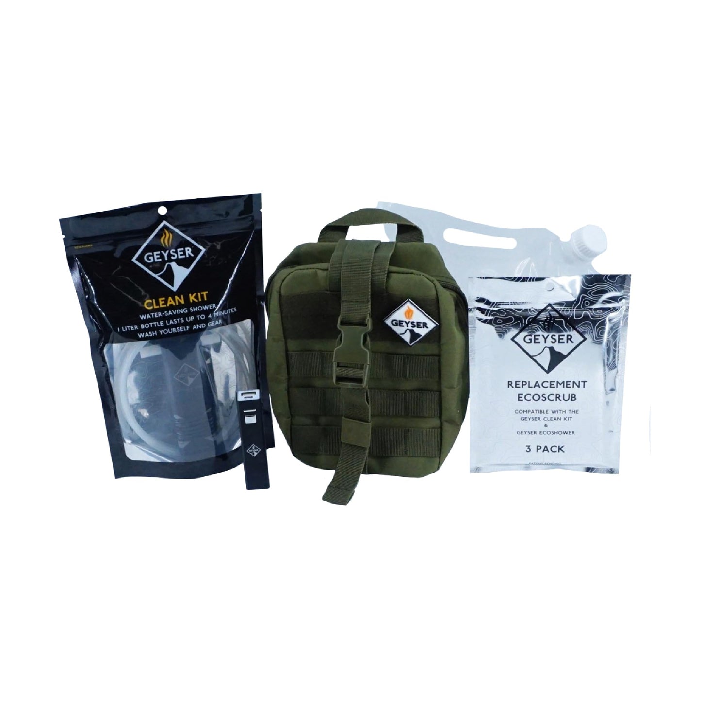 Geyser System Portable Camping Shower & Cleaning Kit for Camping, Backpacking, Overlanding, & Outdoor Recreation - Clean Kit Bundle - Green