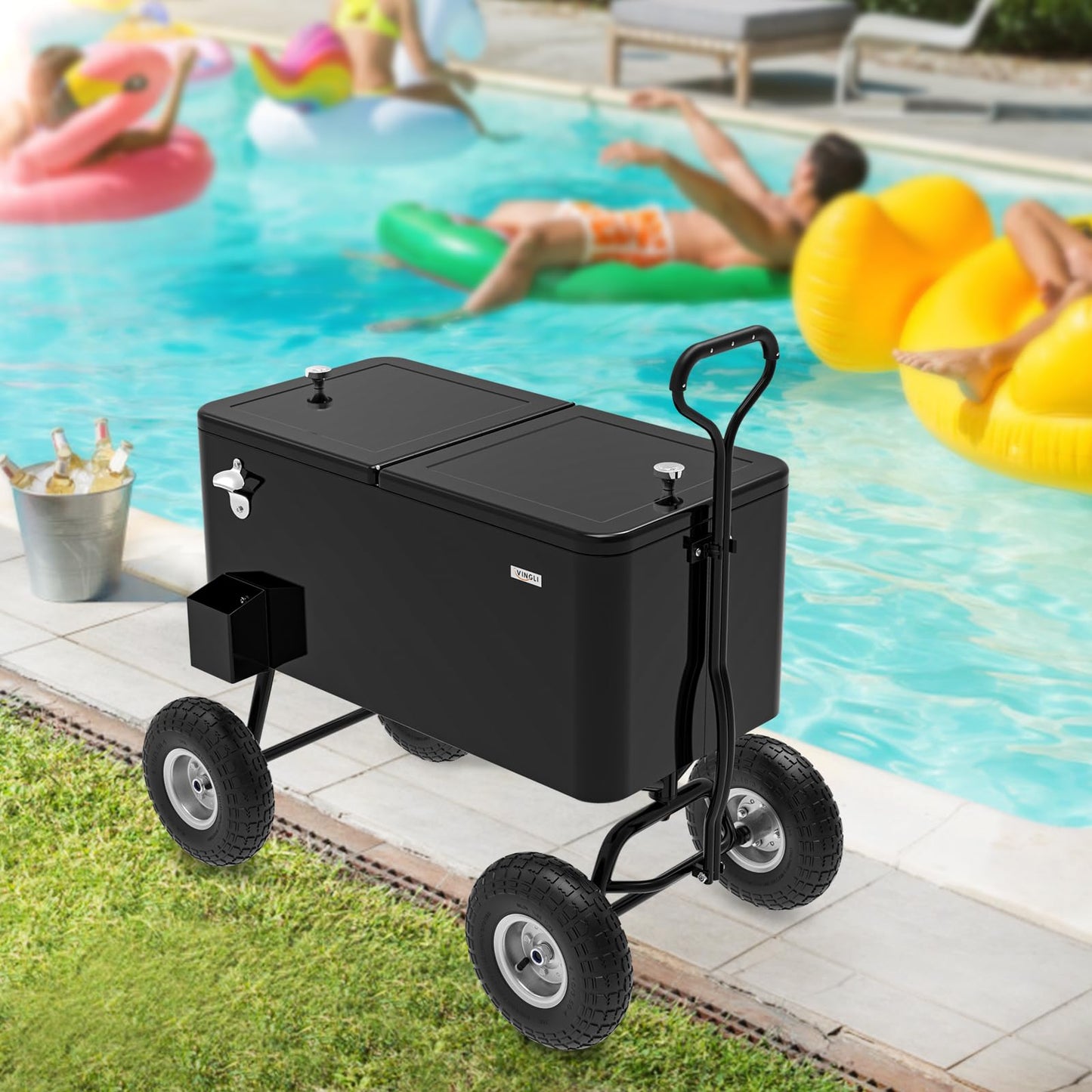 VINGLI 80 Quart Wagon Rolling Cooler Ice Chest, w/Long Handle and 10" Wheels, Portable Beach Patio Party Bar Cold Drink Beverage, Outdoor Park Cart on Wheels (Black-Wagon)