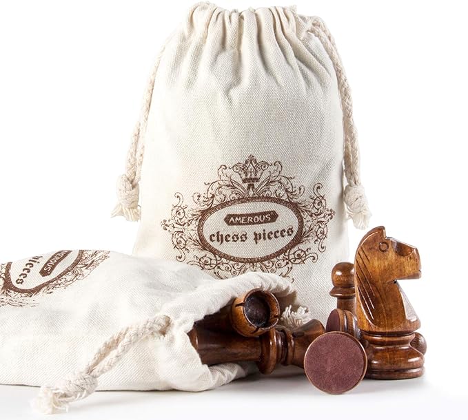 AMEROUS Chess Pieces Only Wooden Hand Carved Tournament Chessmen with 4.12 Inches King 2 Storage Bags for Chess Board Game Replacement of Missing Pieces