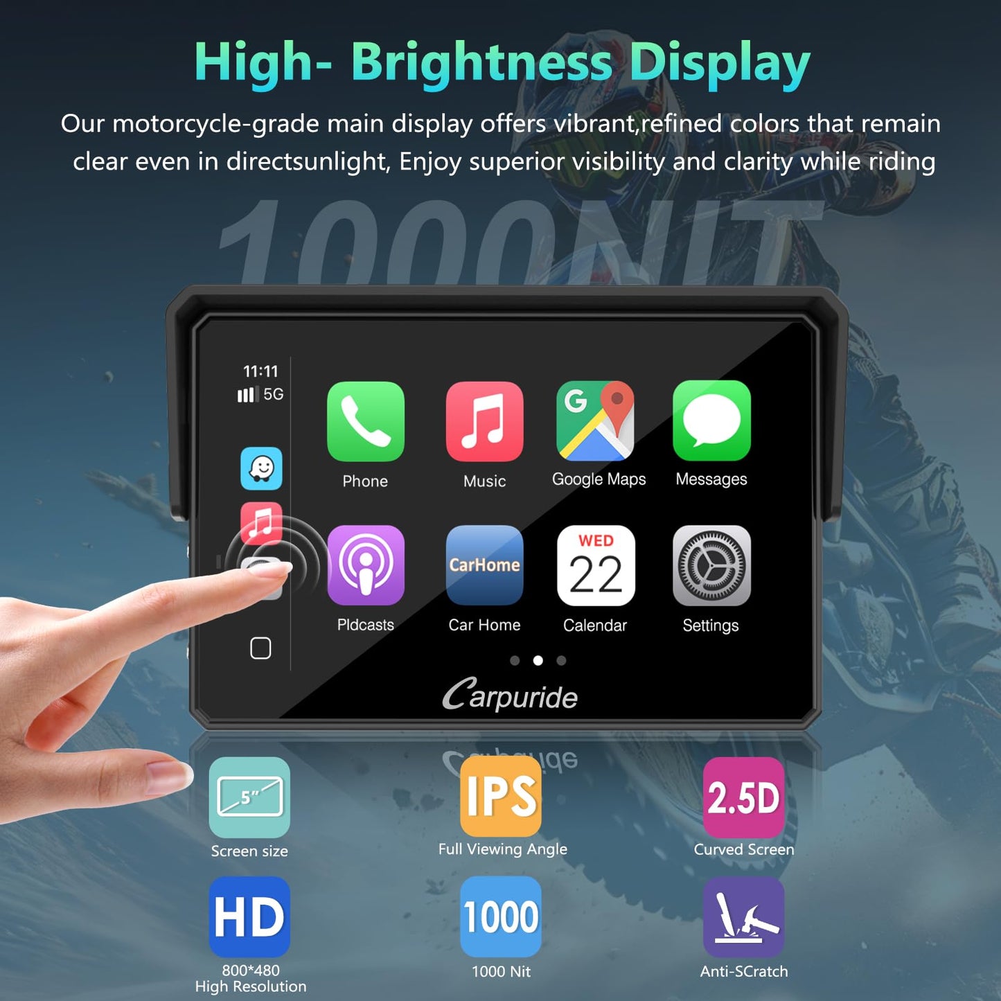 CARPURIDE W502BS for BMW Motorcycle CarPlay & Android Auto Dual Bluetooth, 5" Waterproof GPS Navigation Screen, Data Reading, Native Wonder, TPMS, Light Sensor, Music Sharing, Intercom, 16-Pin