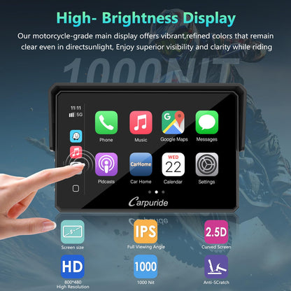 CARPURIDE W502BS for BMW Motorcycle CarPlay & Android Auto Dual Bluetooth, 5" Waterproof GPS Navigation Screen, Data Reading, Native Wonder, TPMS, Light Sensor, Music Sharing, Intercom, 16-Pin