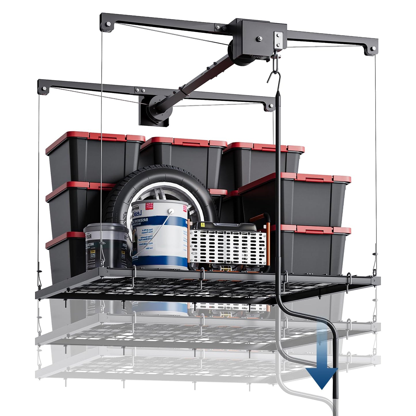 Adjustable 4x4 ft Overhead Garage Storage Rack Lift System,Heavy Duty Ceiling Mount Rack with 250 Lb Capacity & Automatic Safety Lock, Space-Saving Hanging Organizer for Attic,Basement,Garage or Shed
