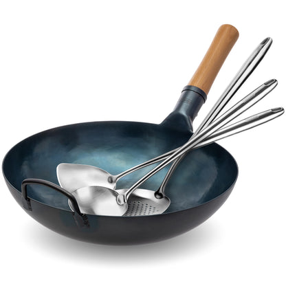YOSUKATA Flat Bottom Wok Pan - 13.5" Blue Carbon Steel Wok PLUS 17" Wok Spatula and Ladle Skimmer Spoon - Stainless Steel Cooking Utensils Set of 3