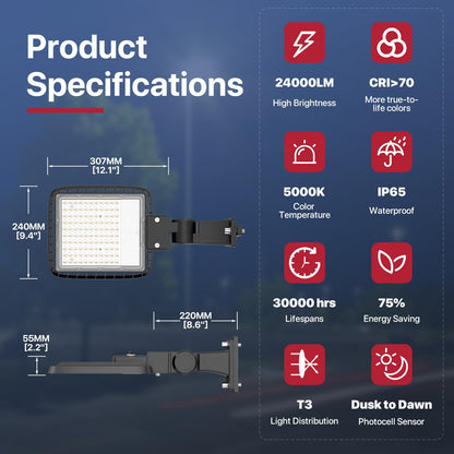 Kifflux 200W LED Parking Lot Lights Arm Mount 24000LM 5000K 120V Street Area Light Commercial Grade with Photocell LED Pole Flood Lighting Outdoor Shoebox Light for Yard/Parking Lot- 2Pack