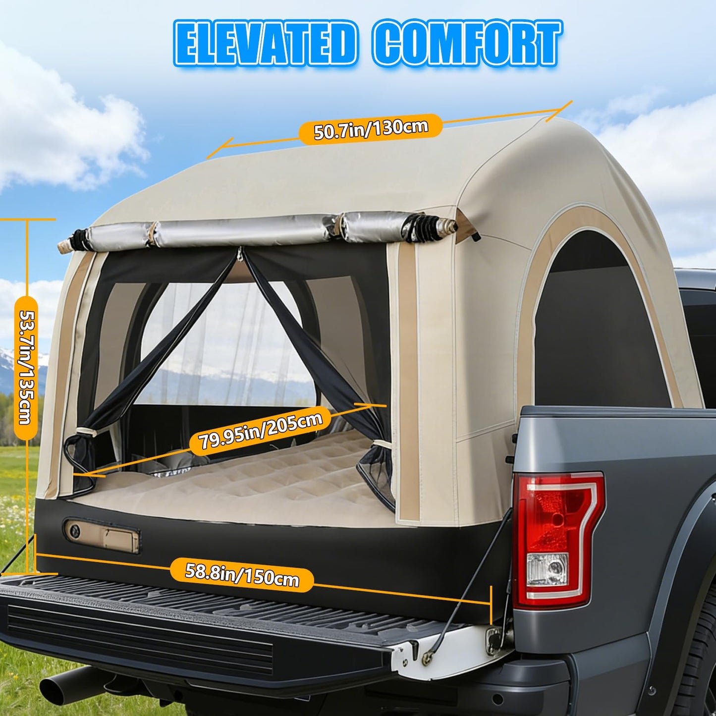 OPP ULITE Foldable Pickup Truck Bed Tent, Full Size Sportz Air Mattress, Camping & Outdoor Truck Tent, 2-Person Portable Includes Pillows & Glow-in-The-Dark Stakes