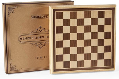 VAMSLOVE 13 Chess Chinese Checkers 2 in 1 Wooden Board Game Set with Pieces Storage Drawer - 2 Extra Queens Bonus Marbles for Birthday Gift (Instructions Included)