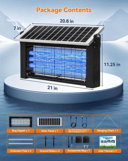 20W Solar Bug Zapper Outdoor, LANGY Upgrade 3-Tube 365nm Solar Mosquito Zapper Outdoor Waterproof, 4500V Electric Cordless Fly Insect Zapper Mosquitos Trap Auto On/Off w 10Ah Battery for Patio Camping