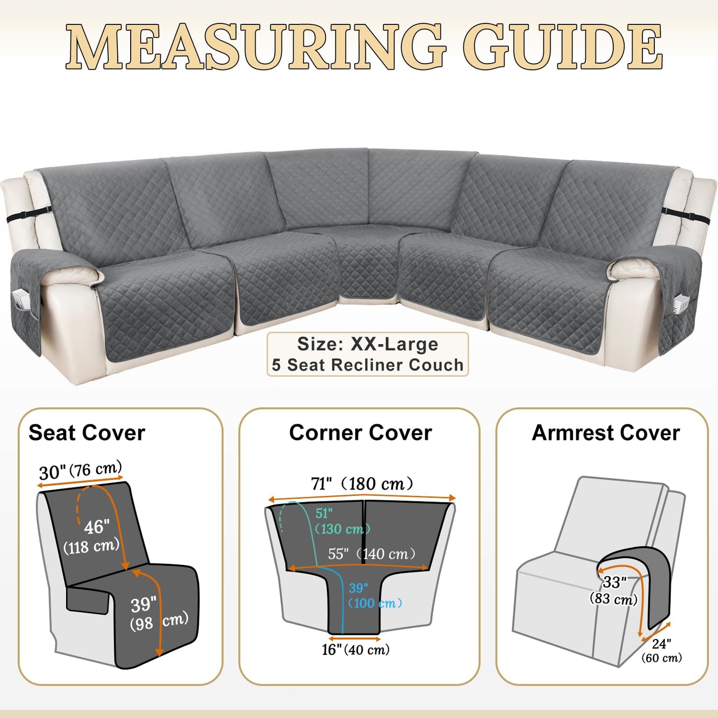 HDCAXKJ 100% Waterproof Recliner Sectional Couch Covers XX-Large L Shaped Corner Reclining Sofa Cover Washable Thick Non Slip Sectional Slipcover with Pockets (XXL 5 Seat Recliner Couch, Grey)