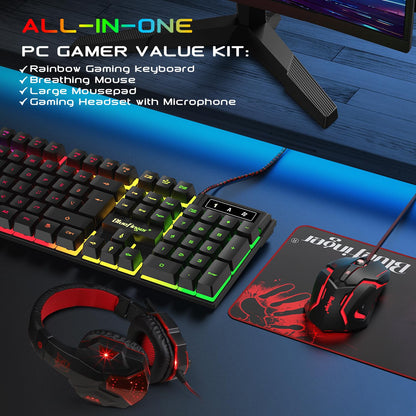 BlueFinger RGB Gaming Keyboard and Backlit Mouse and Headset Combo, USB Wired Backlit Keyboard, LED Gaming Mouse Set, Headset with Microphone for Laptop PC Computer Game and Work