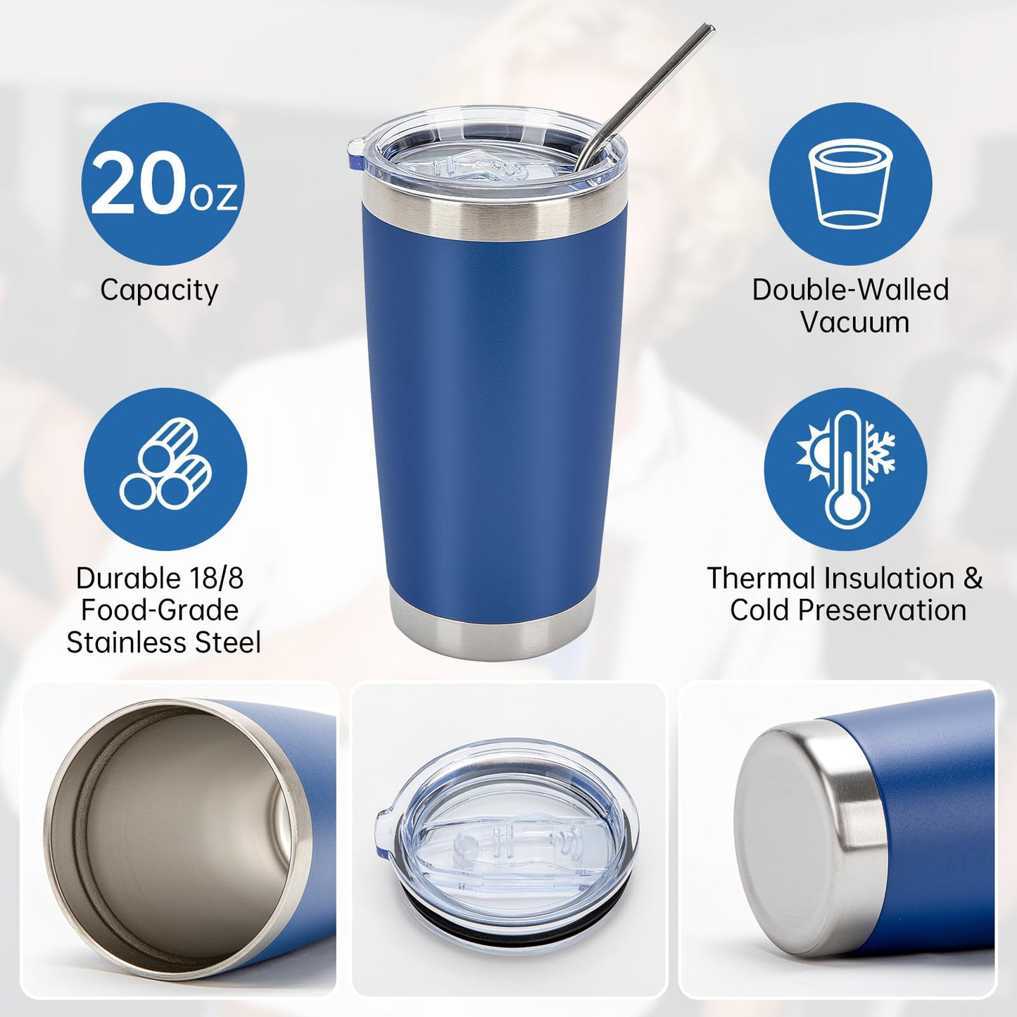 IEOVIEE 32 Pack, 20oz Stainless Steel Bulk Tumblers with Lids and Straws, Double Wall Insulated Travel Coffee Mug, Durable Powder Coated Tumbler Bulk Cup for Cold and Hot Drinks(Dark Blue)