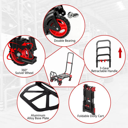 2-in-1 Hand Truck Dolly with Folding Basket, 330LB Heavy Duty Carrying Portable Handtruck, Foldable Hand Dolly with 360° Swivel Wheels&Retractable Handle for Moving, Luggage, Shopping, Office