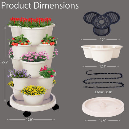 Pinky Family 5-Tier Vertical Garden Tower Stackable Planter for Strawberries, Flowers, Vegetables & Herbs Beige