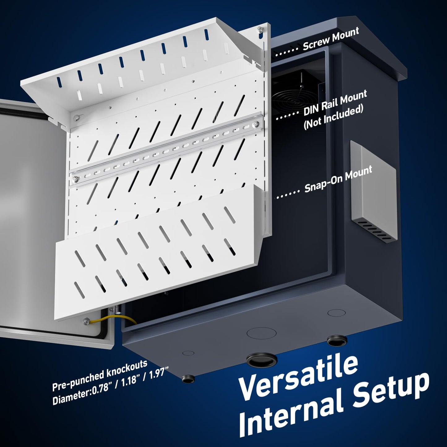 Outdoor Electrical Box with Thermostat and Fan, Heavy Duty Lockable Weatherproof Junction Enclosure for Network, Security Camera and Solar Equipment, Vented IP65 Cabinet with Wall and Pole Mount