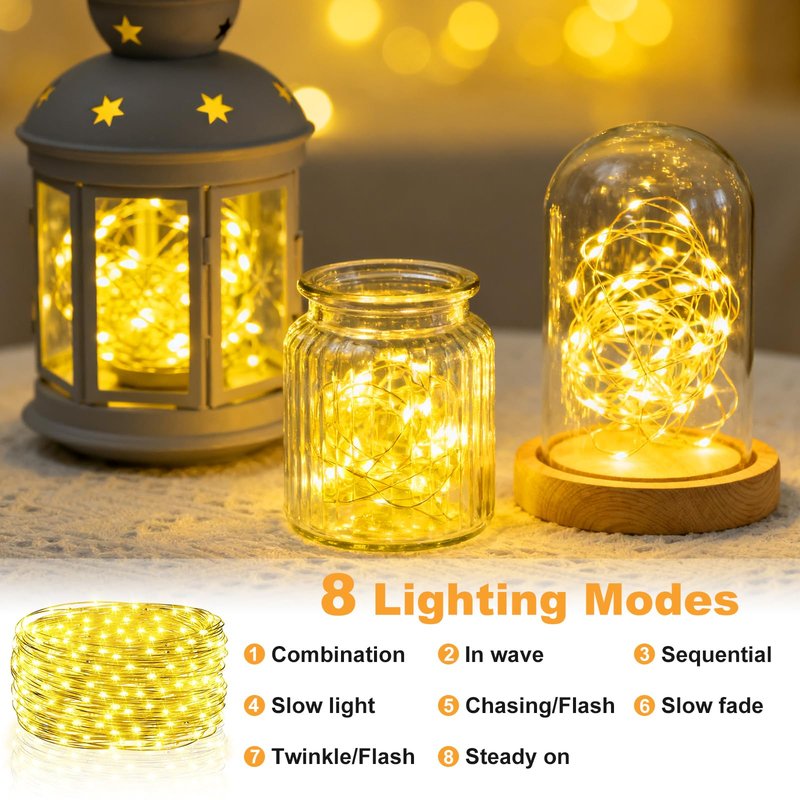 32FT(16 * 2) Fairy Lights Battery Operated, Rechargeable String Lights with Timer, Mini Waterproof LED Twinkle Lights for Bedroom, Christmas Decorations, Wedding Party Decor, Warm White