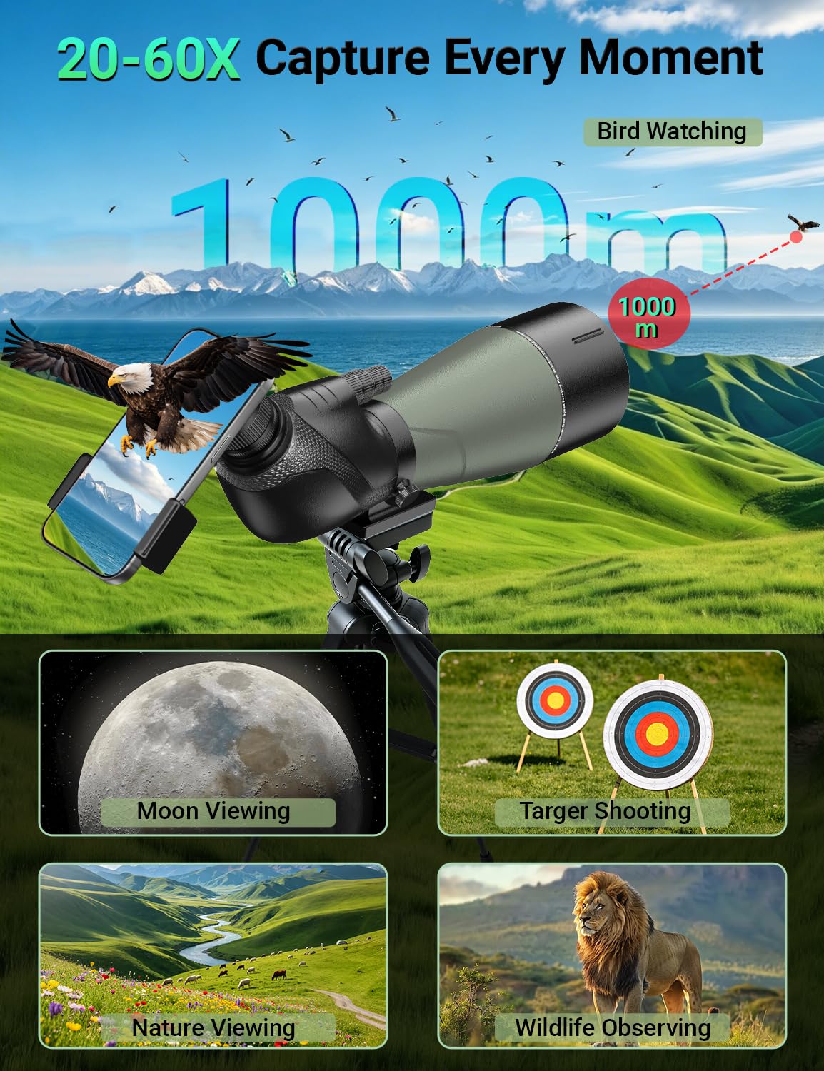 Sogries 20-60x80 Spotting Scope with Dual Focusing for Bird Watching, HD BAK4 Prism FBMC Lens Waterproof Fogproof Spotter Scope for Hiking Camping,Upgraded Phone Adapter & Tripod for Outdoor Gear