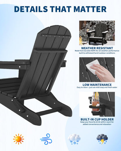 GarveeLife Folding Adirondack Chair Set of 2 with Side Table, All-Weather HDPE Outdoor Chair, Wooden Textured with Cup Holder for patios, Decks, Gardens, fire pits, Black