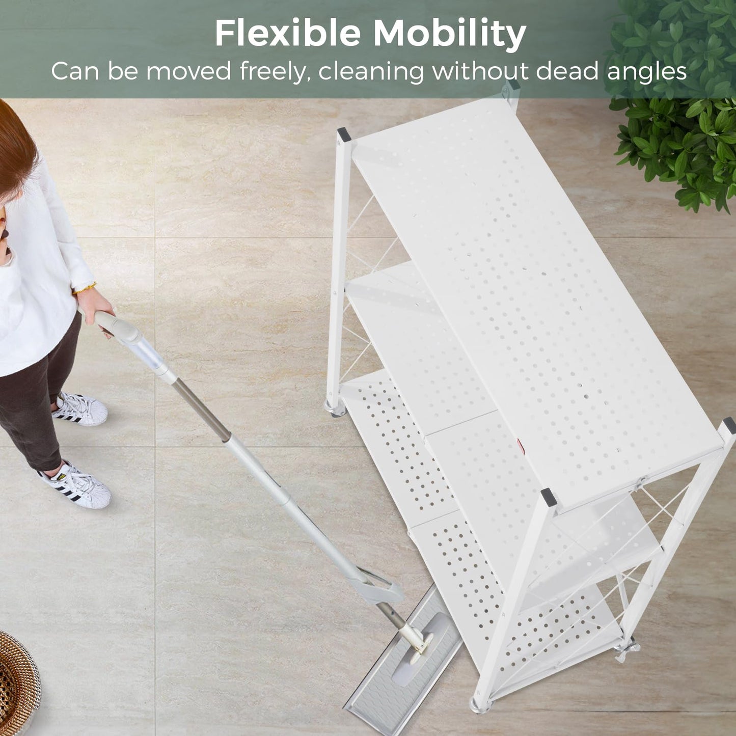 DEANIC 3 Tier Foldable Storage Shelves with Wheels, Large Capacity Shelving Unit, Freestanding Metal Wire Shelf Rack, No Assembly Organizer Rack for Garage Kitchen, Basement, Pantry(White Pack of 2)