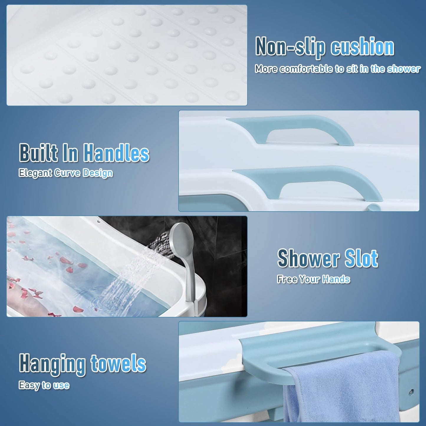 Portable Bathtub Adult,51" Foldable Large Collapsible Tub with Handle,Freestanding Surround Collapsible Bathtub,No Lid,Hot Bath,Ice Bath Blue 130 cm