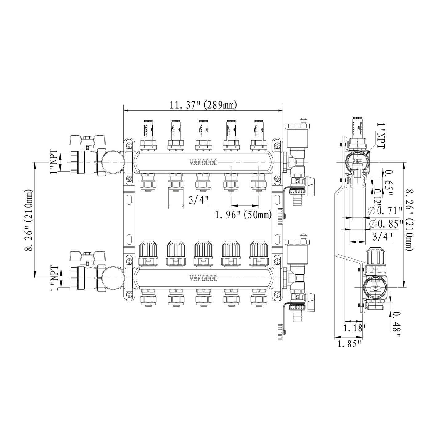 ‌VANCOCO 5 Loop Radiant Floor Heating Manifold, Stainless Steel Infloor Radiant Heat Manifold for Hydronic Radiant Floor Heating with1/2" Adapters