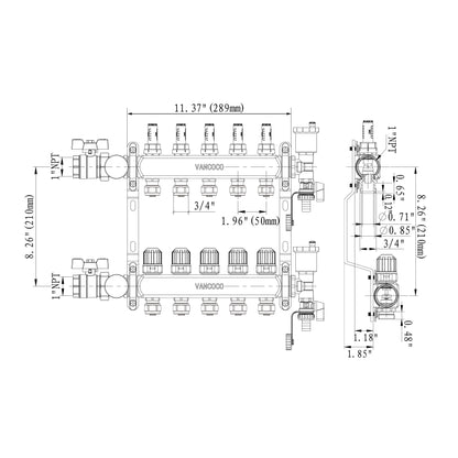 ‌VANCOCO 5 Loop Radiant Floor Heating Manifold, Stainless Steel Infloor Radiant Heat Manifold for Hydronic Radiant Floor Heating with1/2" Adapters