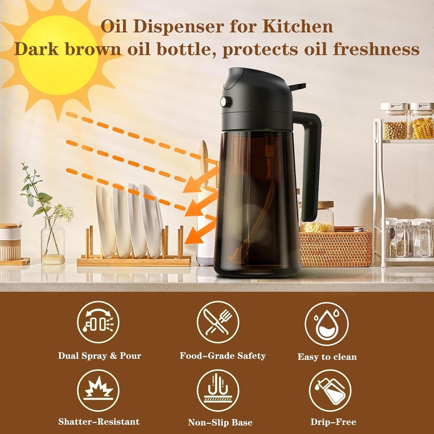 LAKUMIQI Olive Oil Sprayer - 2-in-1 Glass Dispenser & Cooking Mister, 16oz, Non-Aerosol, Leak-Resistant